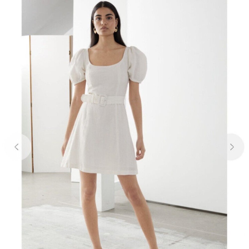& Other Stories White Puff-Sleeve Belted Mini Dress
